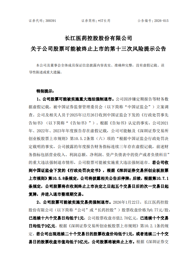 股价三连涨、退市警报拉满!ST长药业绩巨亏叠加股价破面(图1)